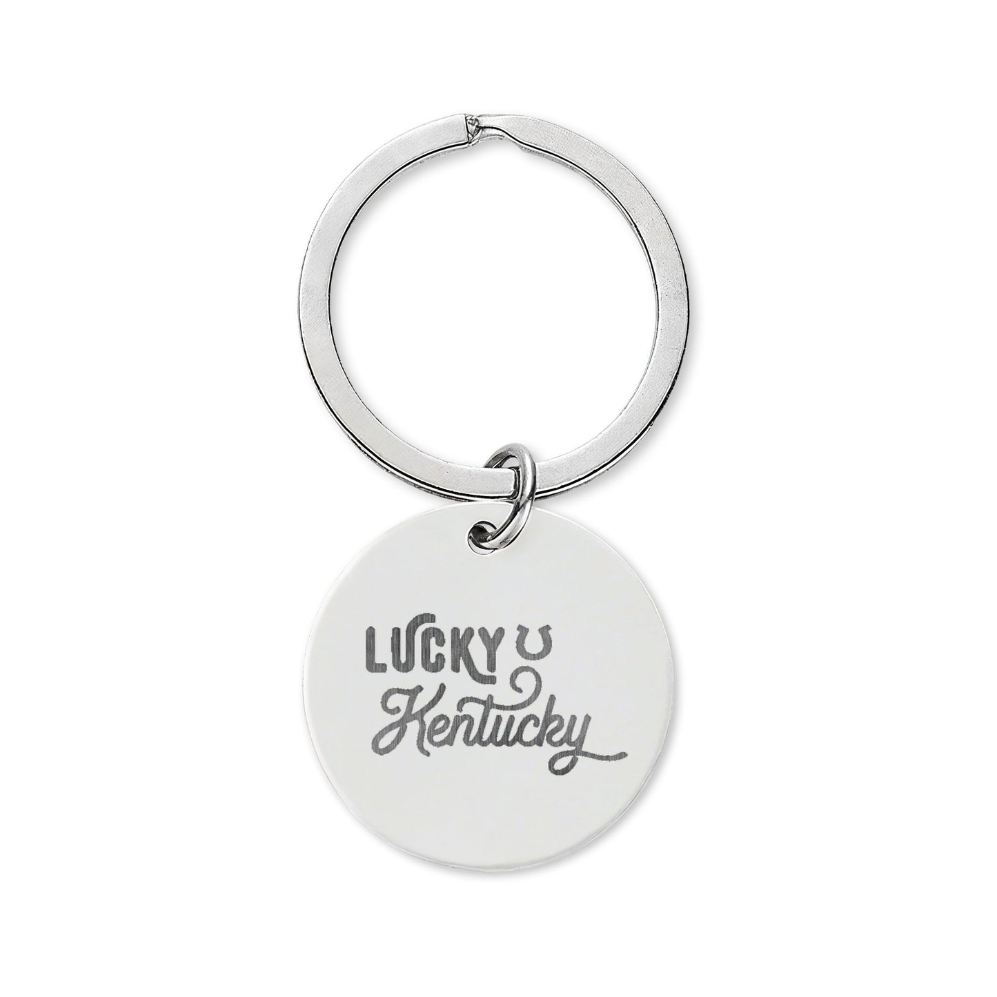 Race Horse Stainless Steel Round Keychain — 'Lucky Kentucky' Engraved Souvenir