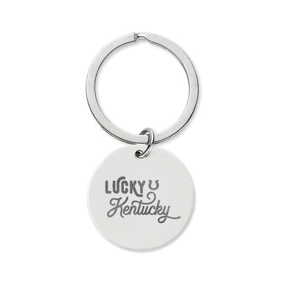 Race Horse Stainless Steel Round Keychain — 'Lucky Kentucky' Engraved Souvenir